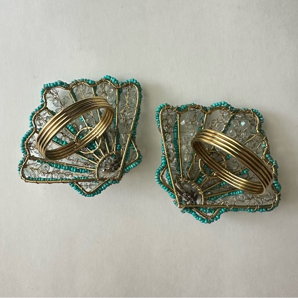 Seashell beaded napkin rings gold hardware teal clear plastic beads wire wrap - Picture 7 of 10
